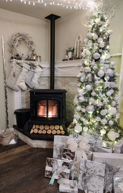 Wood Stove Christmas Decor, Corner Mantle Christmas Decor, Wood Stove Decorating Ideas, Pellet Stove Mantle, Stove Mantle, Pellet Stove Ideas Living Rooms, Corner Mantle, Pellet Stove Hearth, Silver Christmas Decor