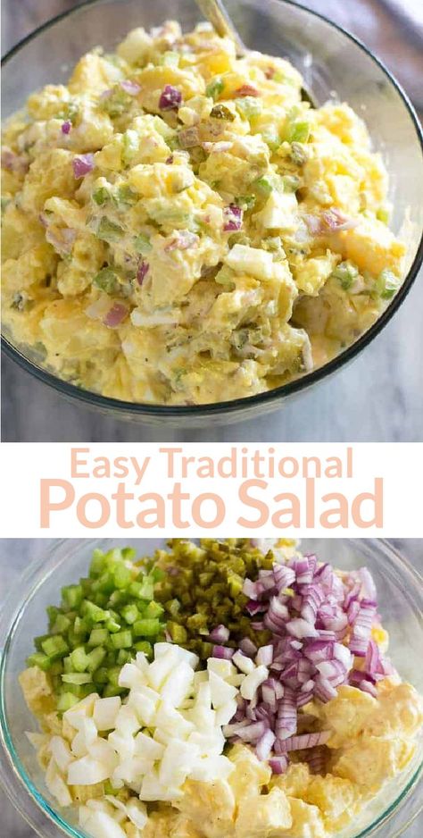 Traditional Potato Salad made with Yukon Gold potatoes, hard boiled eggs, and a simple creamy dressing. This easy recipe has been a family favorite for years. Potatoe And Egg Salad Recipe, Potato Egg Salad Recipe, Deviled Eggs Potato Salad Recipe, Potato Salad Deviled Egg, Best Potato Salad Recipe With Egg, Homemade Potatoe Salad With Eggs, Easy Southern Potato Salad, Best Easy Potato Salad, Yukon Potato Salad Recipe