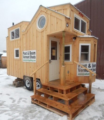 This is the Charlavail Tiny House on Wheels by Jamaica Cottage Shop in Vermont. Inside you’ll find two lofts (one for sleeping, one for storing), a quaint breakfast nook and an awesome open-s… Small Lofts, Post And Beam Cabin, Bunkie Ideas, Tiny Homes On Wheels, Homes On Wheels, Porch Stairs, Pre Fab Tiny House, Alternative Housing, Deer Camp