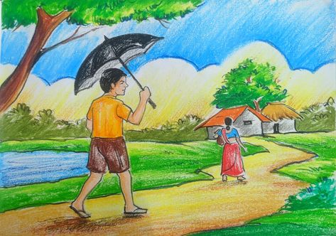 Summer Season Drawing, Scenery Drawing For Kids, Easy Scenery Drawing, Fly Drawing, Oil Pastel Drawings Easy, Watercolor Art Face, Pencil Drawings Of Girls, Nature Art Drawings, Bird Coloring Pages