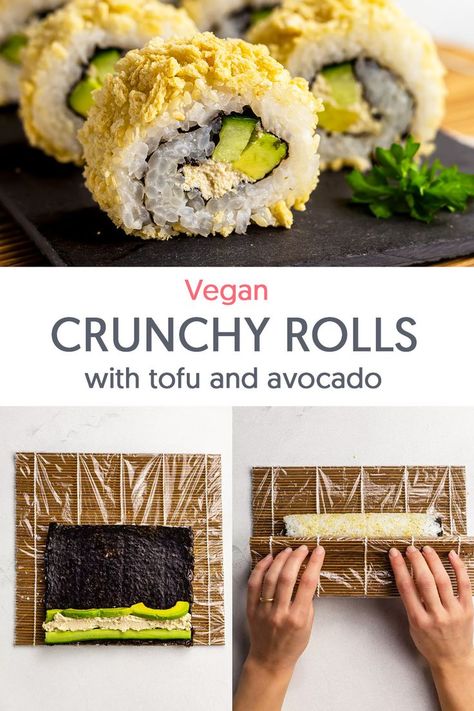 Sushi Roll Fillings, Sushi Filling Ideas Veggies, Vegan California Rolls, Vegan Sushi Ideas, Vegan Sushi Recipe, California Rolls Sushi, Crunchy Roll Sushi, Vegetarian Sushi Rolls, Tofu Sushi