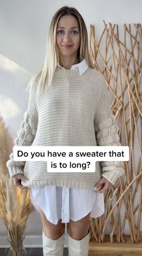 How To Shorten Sweater Length, Fall Outfits Oversized Sweaters, How To Make A Long Sweater Short, Shorten Knitted Sweater, Shorten A Sweater Diy, Oversized Long Sweater Outfit, Oversized Sweater Outfit Women, How To Make An Oversized Sweater Fit, Oversized Sweater Over Dress