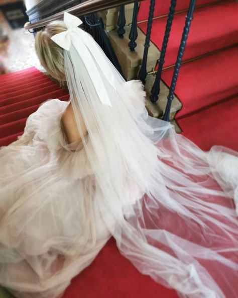 Bow Vail Wedding, Bridal Veil With Bow, Wedding Veils With Bow, Bow Veils Bridal, Bow With Veil, Wedding Hair With Bow And Veil, Bow Veil Long, Wedding Vail With Bow, Bridal Hair Bow Veil