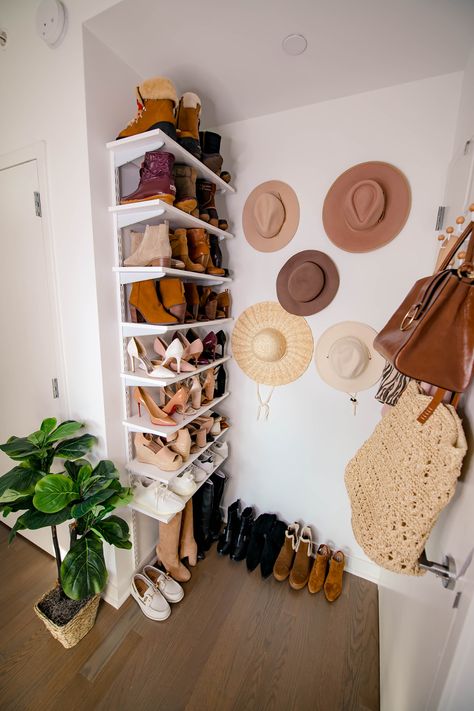 How To Hang Shoe Shelves + A Hat Wall | Katie's Bliss Wall Shelves Bedroom, Small Bedroom Storage, Hat Wall, Shoe Shelves, How To Hang, Organizing Ideas, Bedroom Storage, Small Bedroom, Bedroom Makeover