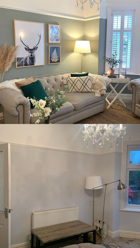 Calm Front Room Ideas, Lichen Living Room, Cosy Sage Green Living Room, Lounge Neutral Colours, Grey Beige Sage Living Room, Natural Colour Scheme Living Room, Sage Green Front Room Ideas, Living Room Colour Schemes Neutral, Cosy Lounge Decor