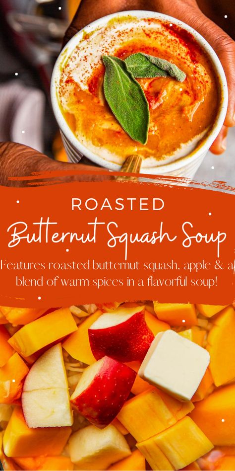 This lightened up version of Roasted Butternut Squash Soup features butternut squash, apple and a tasty blend of warm spices in a flavor packed soup! #ButternutSquash #ButternutSquashSoup #Roasted #ButternutSquash #Fall #FallRecipes #Soup #SoupRecipes #Healthy #Vegetarian Passover Recipes Dinner, Squash Apple Soup, Butternut Squash Apple Soup, Oven Roasted Butternut Squash, Creamy Soups, Healthy Butternut Squash, Butternut Squash Apple, Novice Chef, Butternut Soup