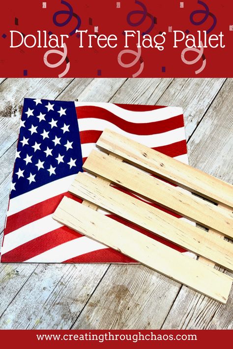 A super cute and EASY DIY Dollar Tree Flag Pallet, for your tiered tray or anywhere Fourth of July decor! #dollartree #diy #crafts #patriotic #americana #usa #fourthofjulycrafts #patrioticcrafts #tiertray #tiertraydecor Fouth Of July Crafts, Flag Pallet, Patriotic Crafts Diy, Pallet Flag, Patriotic Diy, Americana Crafts, Flag Crafts, Fourth Of July Decorations, 4th July Crafts