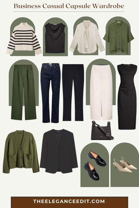 Business Casual Capsule Wardrobe 30s Business Casual, Summer Workwear Capsule Wardrobe, Dark Green Capsule Wardrobe, Olive Capsule Wardrobe, Earth Tone Business Casual, Business Casual Capsule Wardrobe 2024, Scandinavian Business Casual, Business Casual 2024, Work Capsule Wardrobe Business Casual