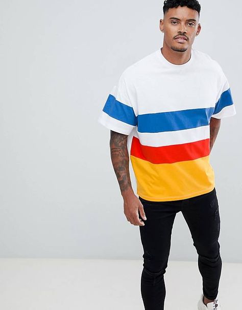 ASOS DESIGN oversized t-shirt with bright color block in white Mens Tees Design, Bright Colors Fashion, Mens Casual Suits, Nba Outfit, Color Blocking Outfits, White Tshirt Men, Custom T Shirt Printing, Trendy Hoodies, Mens Back