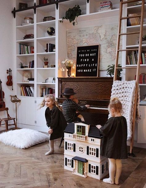 Built ins around piano. Love this by White Shanty Design! Piano Room Decor, Piano Living Rooms, Home Library Rooms, Home Music Rooms, Piano Decor, Piano Room, Home Library Design, Home Library, Lounge Room