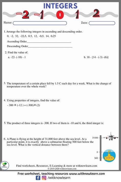 Integers Worksheet For Grade 7, Integers 7th Grade Math Worksheets, Integers 7th Grade Math, Year 7 Maths, 7th Grade Math Worksheets, Seventh Grade Math, Maths Worksheet, Integers Worksheet, Line Math