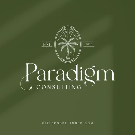 Kira from Paradigm Consulting was craving a fresh new look with her branding! For her brand vibe we went with a Vintage Chic look – combining a slightly retro color palette with luxe, sophisticated shadow and cocktail imagery. We brought in palm tree elements to give it a boho beachy touch. The color palette included green, pops of orange, and neutrals and black which balance out the brighter colors and enhances the feeling of professionalism, sophistication and timelessness. See more here... Palm Tree Color Palette, Hairdresser Website, Boho Chic Color Palette, Tropical Branding, Chic Logo Design, Logo Design Graphics, Vintage Palm Tree, Logo Tree, Palm Tree Logo