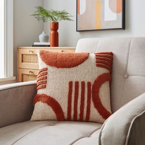 Circular Knit Abstract Cushion Terracotta Decor, Draught Excluders, Lounge Corner, Cushion Embroidery, Orange Bedding, Living Room Cushions, Knitted Cushions, Tufted Cushion, Boho Geometric