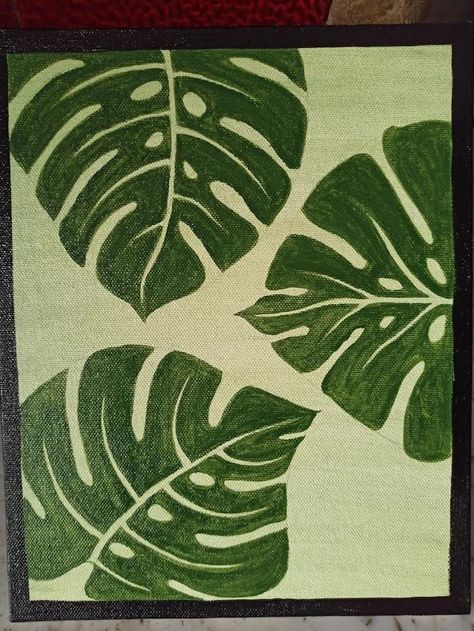 Collage Wall Painting Ideas, Montesera Leaf Painting, Monstera Leaf Painting On Canvas, Drawing Flowers And Leaves, Simple Green Painting Aesthetic, Monstera Painting Easy, Easy Monstera Leaf Drawing, Monstera Plant Wall Painting, Plant Acrylic Painting Easy