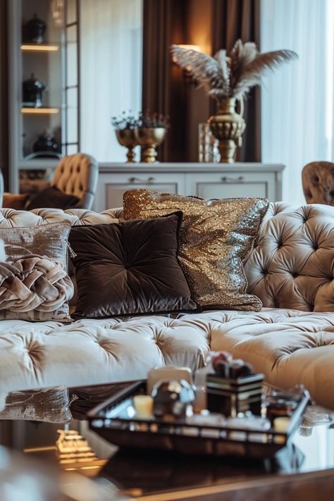 Chic Glam Living Room: Metallic Accents Metallic Living Room Decor, Chic Glam Living Room, Glam Design, Glam Living, Yellow Sofa, Dream Life House, Glam Living Room, Glam Decor, Online Interior Design