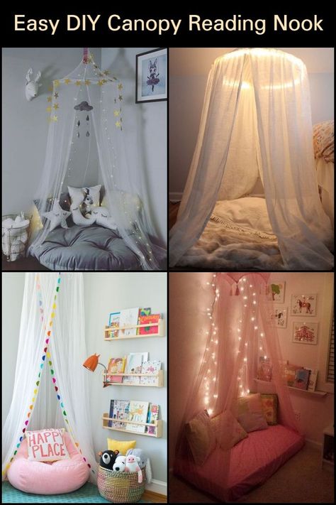 Bed Canopy Reading Nook, Reading Nook Diy Corner, Reading Book Canopy, Reading Nook Curtains, Diy Kidsroom Decoration, Diy Ceiling Canopy, Childs Reading Nook, Princess Reading Nook, Diy Kids Reading Nook