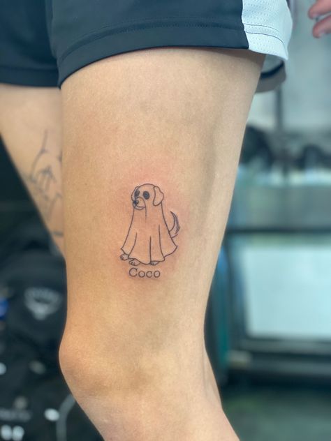 tattoo Ghost With Boots Tattoo, Dog In Ghost Costume Tattoo, Animal Ghost Tattoo, Ghost And Dog Tattoo, Sheet Ghost Dog Tattoo, Ghost Puppy Tattoo, Dog Halloween Tattoo, Ghost Walking Dog Tattoo, Spooky Dog Tattoo