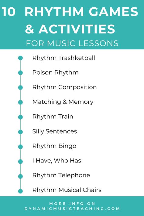 Infographic of 10 rhythm games & activities for kids. Teaching Rhythm To Elementary, Music Class For 3rd Grade, Rhythm Activities For Elementary, Jazz Lessons For Elementary Music, Music And Math Integration, Music Teacher Resources, Last Day Of Music Class Activity, Music Class Lesson Plans, Rhythm Activities For Middle School