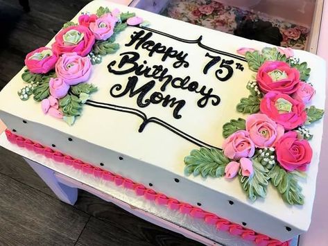 Pretty floral 75th birthday cake! Sheet Cakes Decorated With Flowers, Colorful Sheet Cake, 70th Birthday Sheet Cake, Sheet Cake Ideas Decorated, Pretty Sheet Cakes, 80th Birthday Sheet Cake, Rectangular Cake Designs, Sheet Cake With Flowers, Rectangular Cake Decoration Ideas