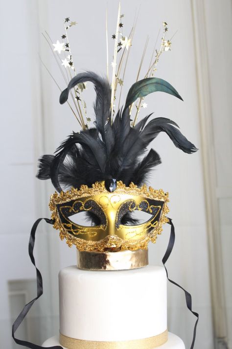 Masquerade Cake Topper, Mask, Gold and Black Glittery, Mardi Gras, Carnival, Venetian, OverTheTopCakeTopper Masquerade Cake Topper, Masquerade Quinceanera Ideas, Masquerade Party Cake, Burlesque Cake, Masquerade Ball Decorations, Masquerade Quinceanera, Masquerade Cake, Mascarade Party, Masquerade Cakes