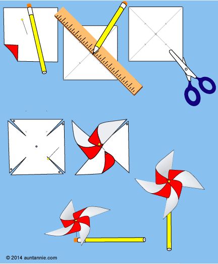 Illustration of how to make the Easy Pinwheel Paper Windmill, Pinwheel Craft, Diy Pinwheel, Maluchy Montessori, Pinwheels Paper, Aktivitas Montessori, Seni Origami, Camping Crafts, Summer Crafts