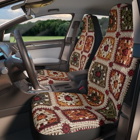 Crochet Car Seat Cover, Faux Printed Illusion Car Seat Cover Full Set, Granny Square Quilt Boho Vintage Kawaii Cute Car Interior Accessories - Etsy Bohemian Car Decor, Crochet Seat Covers For Car, Retro Car Decor, Fall Car Decor, Seat Covers Crochet, Crochet Seat Cover, Boho Car Interior, Hippie Car Interior, Combi Hippie