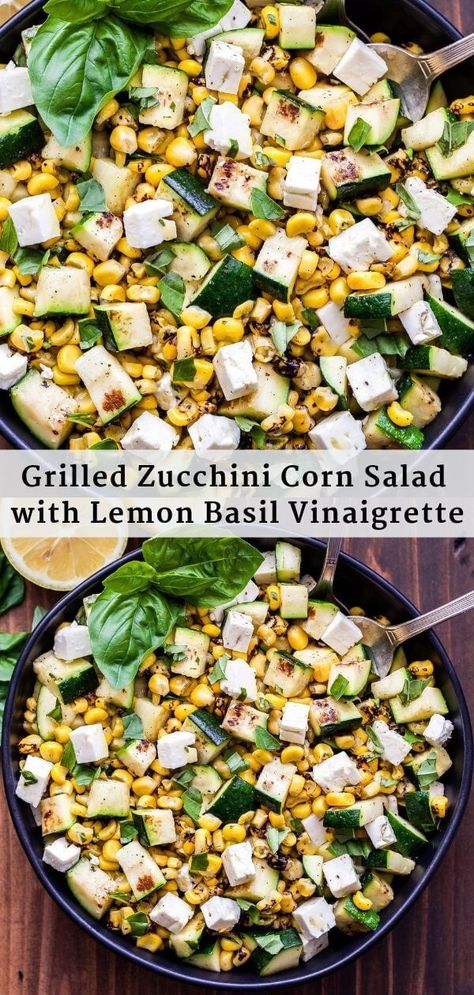 This Grilled Zucchini Corn Salad with Lemon Basil Vinaigrette is perfect for summer barbecues, picnics or anytime you need and easy side dish to serve with dinner! #summersalad #salad #zucchini #corn #lemonbasil #basil #sidedish #grilling #glutenfree Zucchini Corn Salad, Lemon Basil Vinaigrette, Zucchini Corn, Basil Vinaigrette, Salad With Lemon, Basil Recipes, Zucchini Salad, Summer Corn Salad, Lemon Basil