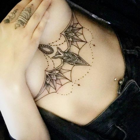 #tattoo #tattoos #underboob #bat #battattoo #gothic #gothictattoo #beautiful #beautifultattoo #mandala #mandlatattoo #batunderboob Bat Sternum Tattoo Women, Gothic Sternum Tattoo Women, Gothic Mandala Tattoo, Breast Tattoos For Women Chest Piece, Bat Chest Tattoo Female, Spiderweb Underboob Tattoo, Witchy Underboob Tattoo, Sternum Bat Tattoo, Gothic Underboob Tattoo