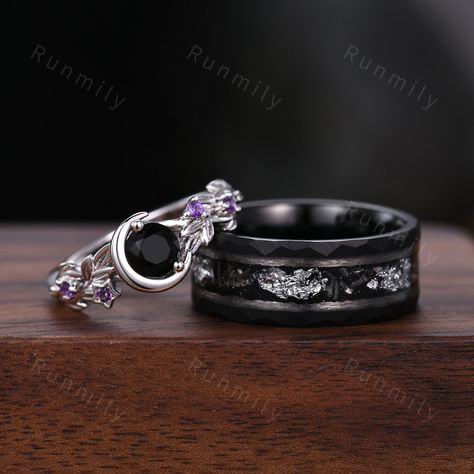 Here we have a Round cut Black Onyx Couples Ring Set Silver Unique Moon Engagement Ring Mens Meteorite Tungsten Ring His and Hers Wedding Band Promise Ring ITEM DESCRIPTION ✦ Handmade, high-quality item! ✦ Material: Sterling Silver/Tungsten ►Sold as a two-piece set ►His ring is Black Gold Tungsten Carbide with meteorite and silver foil inlay. ►His band width: 8mm ►His tungsten ring will not turn green itself and will not cause your skin to turn green.  ✦ Durable - Incredibly Scratch-Resistant to Boys Promise Rings, Silver And Black Wedding Ring, Mens Gothic Wedding Rings, Men Engagement Ring Silver, Black Wedding Rings Sets Couple, Couple Rings Gold Engagement Unique, Dark Wedding Rings, Couples Engagement Rings, Moon Engagement Ring