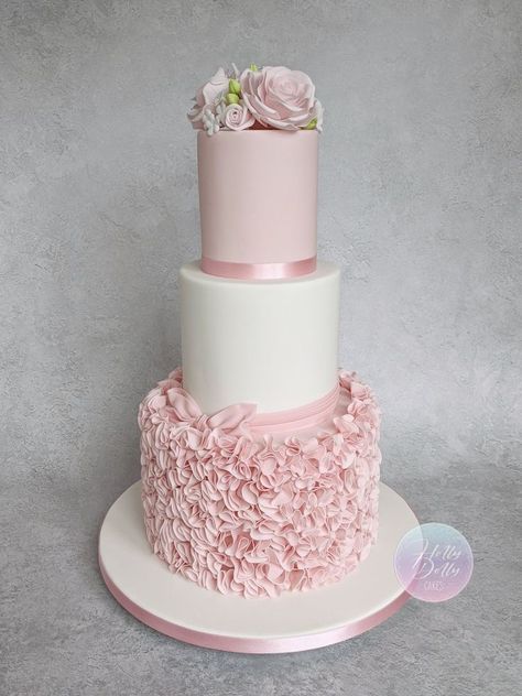 Simple and elegant three tier wedding cake with sugar roses and ruffles Three Tiers Wedding Cake, Wedding Cake Three Tier, Dolly Cakes, 3 Tier Birthday Cake, Ruffles Cake, Three Tier Wedding Cake, Tiered Cakes Birthday, Holly Dolly, Tiered Cake Design