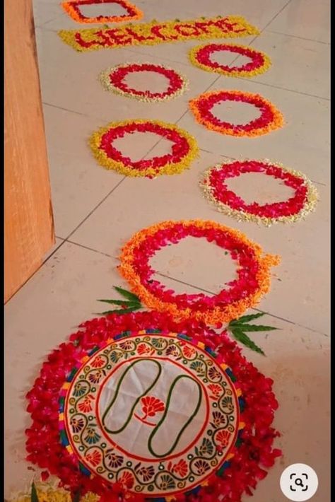 Welcome Home Decoration Flower Rangoli For Ganpati, Decoration For Kankupagla, Bridal Welcome Ideas At Home, Tapasvi Decoration At Home, Kaku Pagala Decoration, Kunku Pagla Decoration, Welcome Decoration With Flowers, Welcome Bride Decoration Ideas At Home, Baby Welcome Flower Decoration