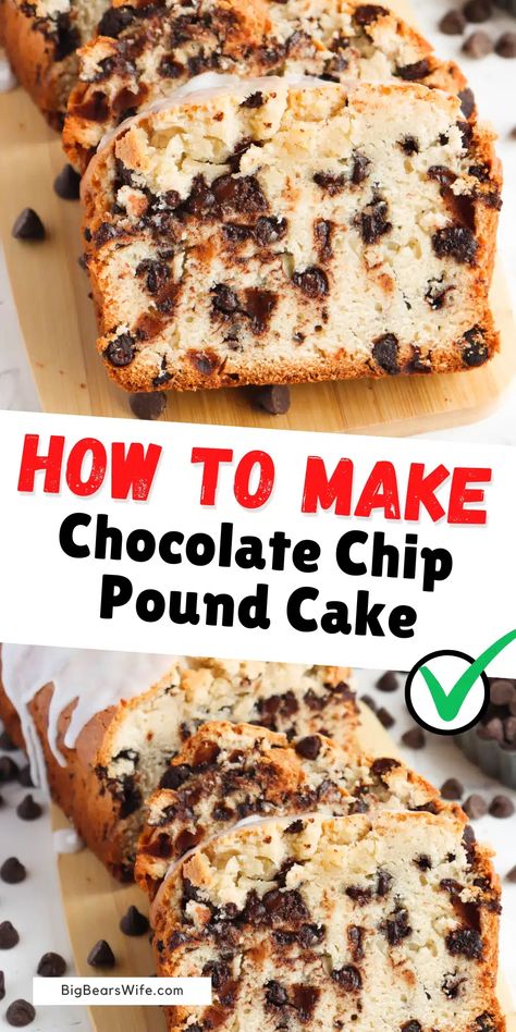 Indulge in the warm and comforting flavors of a homemade chocolate chip pound cake. This classic treat is a go-to dessert for any occasion and it is so easy to make.  via @bigbearswife Sour Cream Chocolate Chip Pound Cake, Chocolate Chip Pound Cake Recipe, Chocolate Chip Pound Cake With Pudding, Choc Chip Pound Cake, Chocolate Chip Pound Cake Bundt, Best Pound Cake Recipe, Chocolate Chip Cake Recipe, Chocolate Chip Pound Cake, Homemade Pound Cake