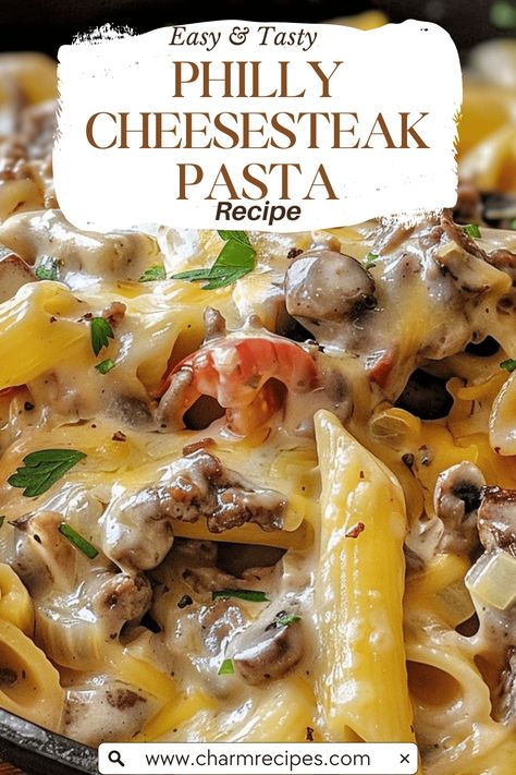 Italian Dishes With Steak, Philly Cheese Pasta Recipes, Pasta Entree Recipes, Philly Cheesesteak Pasta Recipe, Philly Cheesesteak Recipes Easy, Philly Cheesestake Pasta, Philly Cheese Steak Noodles, Easy Philly Cheese Steak Pasta, Recipes Using Steakums