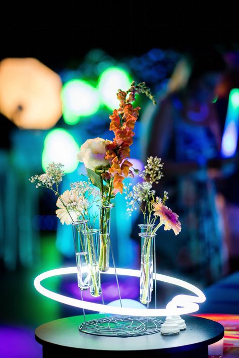 Neon Pop Up Party in Pittsburgh, PA | LUXE Creative | PartySlate Neon Wedding Theme, Corporate Event Centerpieces, Futuristic Party, Pop Up Party, Indoor Fireworks, Gala Decorations, Neon Details, Gala Themes, Corporate Events Decoration