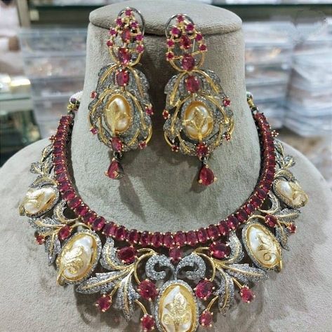 Victorian Choker Set/ruby Pink Baruk Pearl Cz Necklace Set - Etsy Singapore Victorian Choker, Pink Baroque, Semi Precious Necklace, Fancy Jewellery Designs, Polki Necklace, Choker Set, Gold Jewellery Design Necklaces, Cz Necklace, Fancy Jewellery