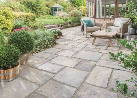 Stone Patio Garden Ideas, Garden Covered Area, Country Cottage Backyard, Backyard Ideas Where Grass Wont Grow, Outside Tiles Outdoor Spaces, Garden Slab Ideas, Garden Slabs Ideas, Garden Tiles Ideas, Backyard Stone Patio Ideas