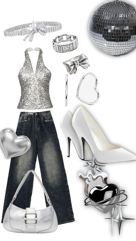 #silver #partygirlaesthetic #party#outfit #clothe Glitter Theme Party Outfit, Silver Theme Outfit, Disco Casual Outfit, Silver Party Outfit, Disco Themed Party Outfit, Silver Outfit Ideas, Studio 54 Party Outfits, Black And Silver Outfits, Studio 54 Party