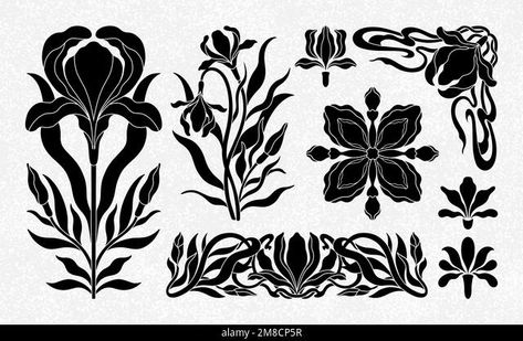 Floral iris set in art nouveau 1920-1930. Hand drawn in a linear style with weaves of lines, leaves and flowers. Stock Vector Art Nouveau Flowers Illustration, Art Nouveau Border, Nouveau Border, Art Deco Black And White, Motifs Art Nouveau, Nouveau Tattoo, Storage Organization Ideas, Art Deco Elements, Iris Art