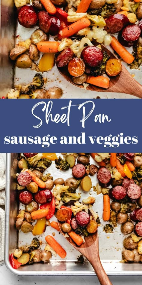 Sheet pan sausage and veggies is an easy dinner recipe that turns roast veggies like broccoli and cauliflower and sausage (kielbasa) into a simple but delicious healthy meal. Whole 30 Dinner, Sausage And Vegetables, Herb Marinade, Sheet Pan Sausage, Sausage And Veggies, Sausage Potato, Smoked Sausage Recipes, Sheet Pan Dinners Recipes, Sausage Potatoes