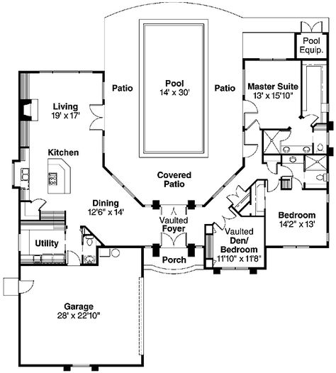 U Shaped House Plans, U Shaped Houses, Pool Garage, Shaped House, Courtyard Pool, Mediterranean House Plan, Pool House Plans, Mediterranean House Plans, Courtyard House Plans