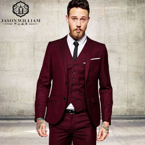 Burgundy Tuxedo Jacket, Men Suit Wedding, Suits Groom, Burgundy Tuxedo, Prom Tuxedo, Suit Combinations, Estilo Hipster, Mens Wedding Attire, Suits Men Business