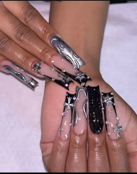 Quotes About Climate, Summer Nails Black, Summer Nails Black Women, Nails Black Women, Black Chrome Nails, Xl Nails, Long Acrylic Nail Designs, Ombre Acrylic Nails, Colored Acrylic Nails