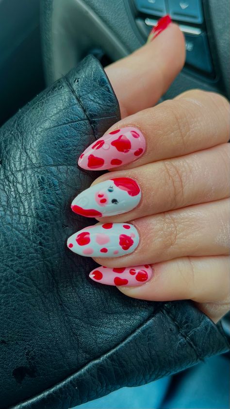 Strawberry Cow Nails Acrylic, Strawberry Cow Print Nails, Blueberry Cow Nails, Straw Berry Nails, Strawberry Gel Nails, Strawberry Cow Tattoo, Strawberry Cow Nails, Strawberry Acrylic Nails, Pink Cow Nails