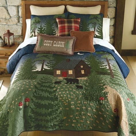 PRICES MAY VARY. 60 Day No Hassle Returns A Black Forest Decor Exclusive - An inviting log cabin scene adds forest charm to these cotton/poly quilt sets featuring bear silhouettes. Sets include quilt and two shams. Machine wash. Quilt: 110"W x 96"L; Shams: 36"W x 20"L each Cabin Bedding Sets, Rustic Bedding Sets, Lodge Bedding, Wilderness Retreat, Bed Ensemble, Black Forest Decor, Full Bedding Sets, Forest Decor, Rustic Bedding