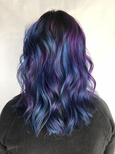 Purple And Blue Oil Slick Hair, Brown Purple Blue Hair, Deep Blue And Purple Hair, Grey Purple Blue Hair, Dark Brown Hair With Blue And Purple Highlights, Blue And Purple Hair Medium Length, Blue Balayage On Brown Hair, Balayage Hair Vivids, Fantasy Color Highlights