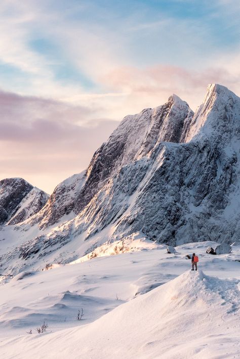 Beautiful winter scenery in Norway. Snow-capped Norwegian mountain with a hiker looking on Mountain Pictures, Snowy Mountain, Image Nature, Mountain Photography, Winter Scenery, Snow Mountain, Winter Pictures, Beautiful Places In The World, Beautiful Mountains