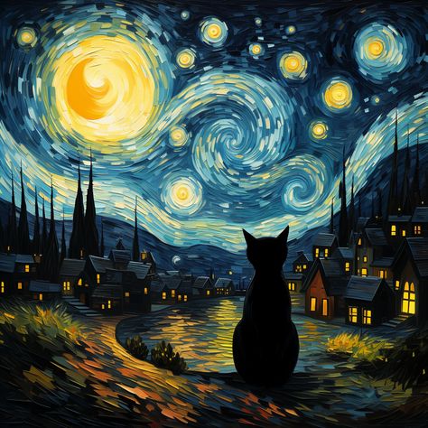 Sketching Nature, Meow Art, Van Gogh Style, Black Cat Sticker, Simple Acrylic, Arte Van Gogh, Soft Pastel Colors, Black Cat Art, Van Gogh Art