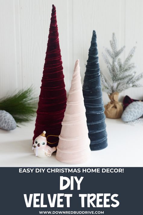 These DIY Velvet Trees are the perfect way to add elegance to your Christmas home decor this year! They're an easy DIY Christmas project! DIY Velvet Trees | Velvet Christmas Decorations | Velvet Christmas Decor | Velvet Tree | Elegant Christmas Decor | Jewel Tone Christmas Decor | DIY Christmas Home Decor | Down Redbud Drive Jewel Tone Christmas Decor, Velvet Christmas Decor, Jewel Tone Christmas, Diy Christmas Home Decor, Velvet Tree, Diy Christmas Decorations For Home, Christmas Cones, Elegant Christmas Decor, Velvet Christmas