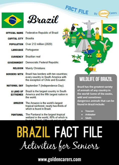 Brazil Fact File: An attractive one-page fact file all about Brazil. Print, distribute and discuss! Brazil Geography, Brazil Facts, Rainforest Classroom, Catholic Classroom, Country Study, Brazil Map, Brazil Culture, Brazil Art, Country Studies