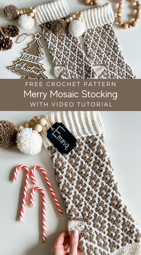 Mosaic Christmas Crochet Stocking free crochet pattern and YouTube video tutorial. Featuring WeCrochet Dot Crochet hooks. How To Crochet Stocking, How To Make A Stocking Diy Christmas, Crochet Christmas Stocking With Name, Knitted Christmas Stocking Patterns Free Easy, Wool Ease Crochet Patterns, Crochet Stockings Christmas Free Pattern, Crochet Stockings Free Pattern, Stocking Crochet Pattern Free, Crochet Christmas Free Pattern